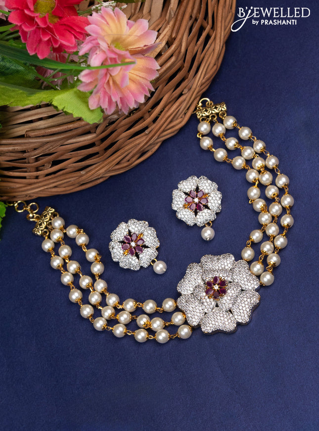 Pearl Choker floral pendant with ruby and cz stones