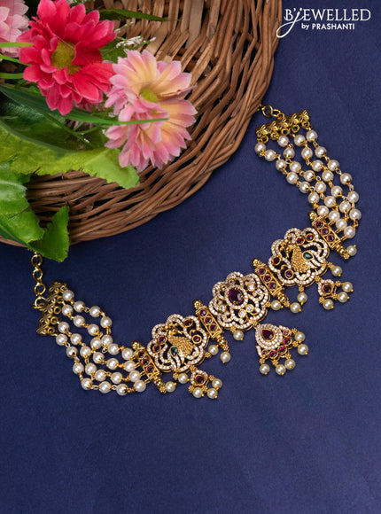 Pearl Choker peacock design with kemp & cz stones and pearl hangings without earrings