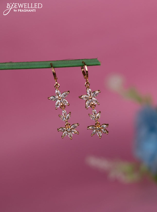 Rose gold hanging type earrings floral design with cz stones