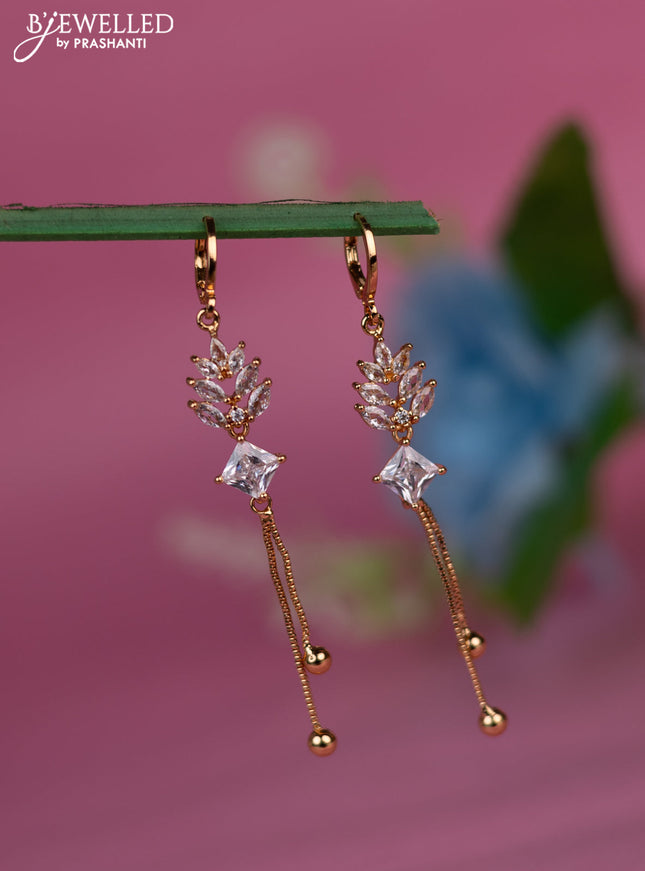 Rose gold hanging type earrings leaf design with cz stones