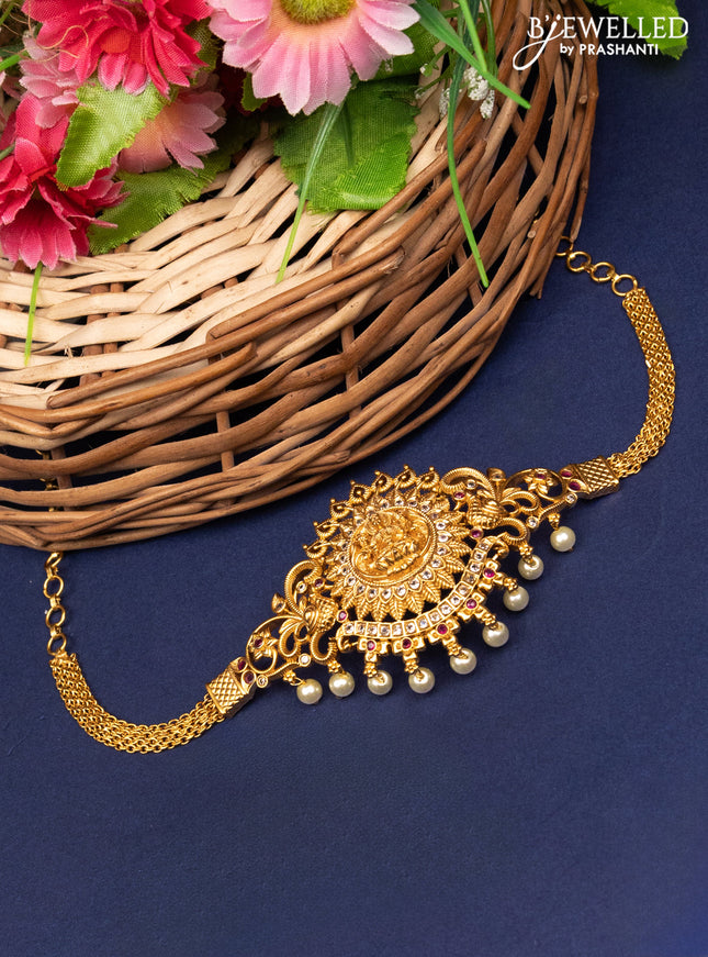 Antique choker lakshmi design with pink kemp & cz stones and pearl hangings without earrings