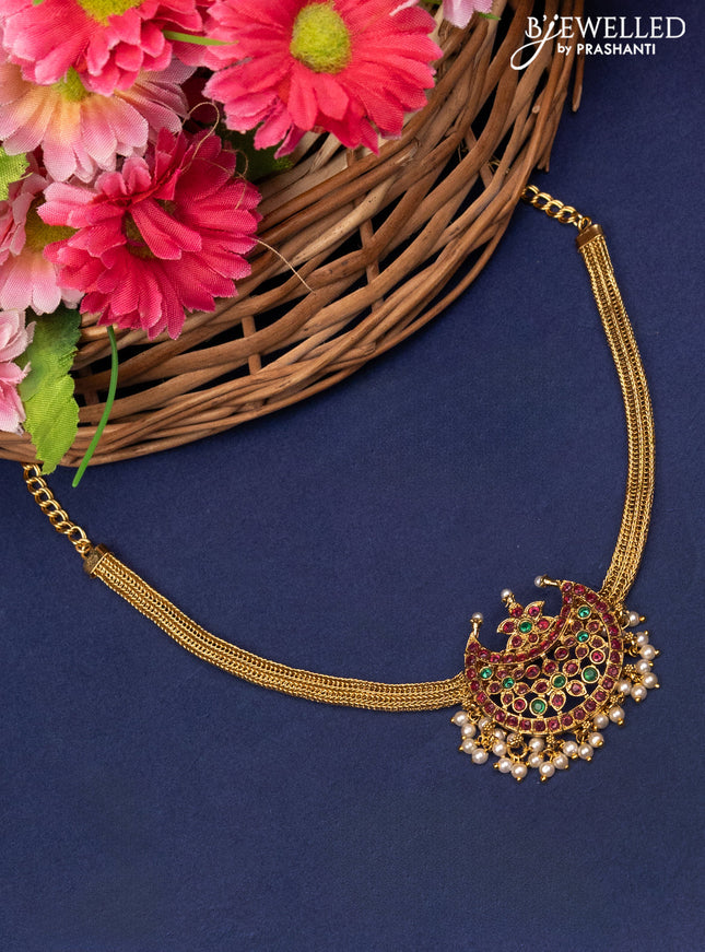 Antique attigai choker chandbali pendant with kemp stones and pearl hangings without earrings