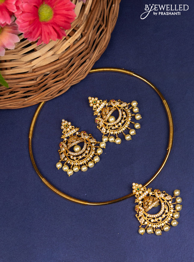 Antique ring type choker peacock design with kemp & cz stone and pearl hangings