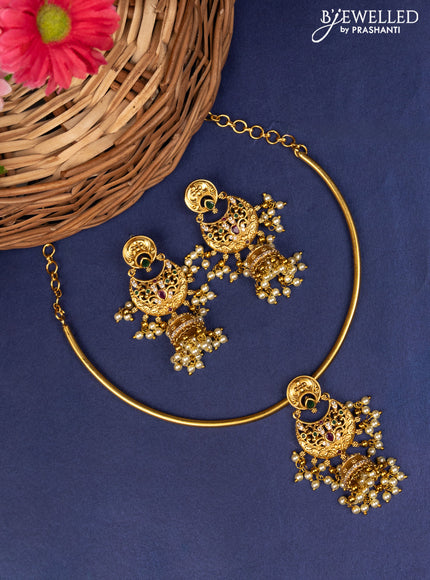 Antique ring type choker with kemp & cz stone and pearl hangings