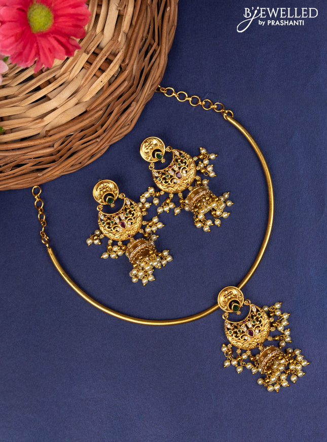 Antique ring type choker with kemp & cz stone and pearl hangings