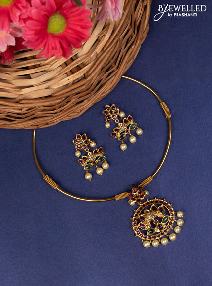 Antique ring type choker floral design with kemp & cz stone and pearl hangings