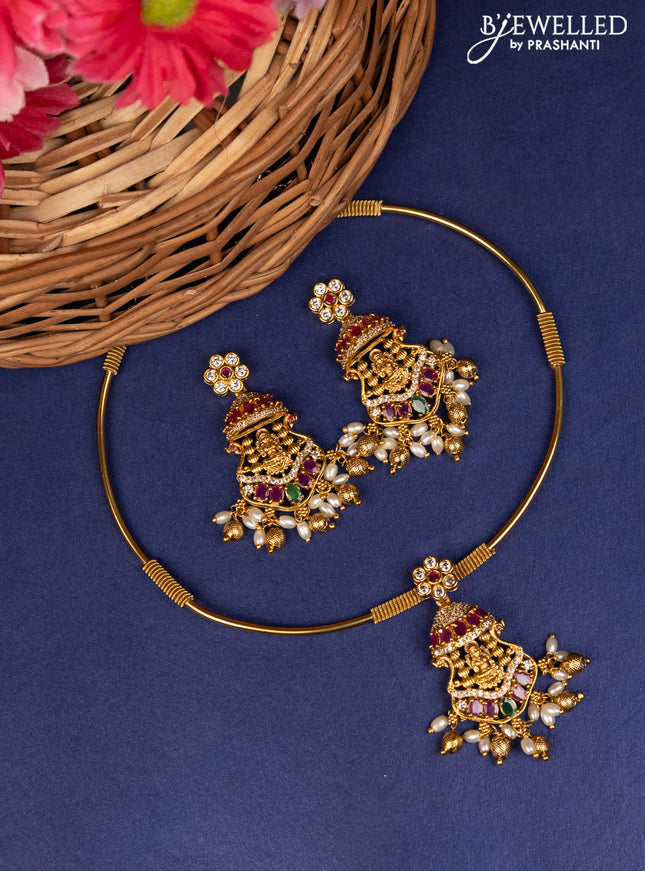 Antique ring type choker lakshmi design with kemp & cz stones and gold beads hangings