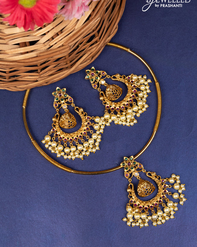 Antique ring type choker with kemp & cz stone and pearl hangings