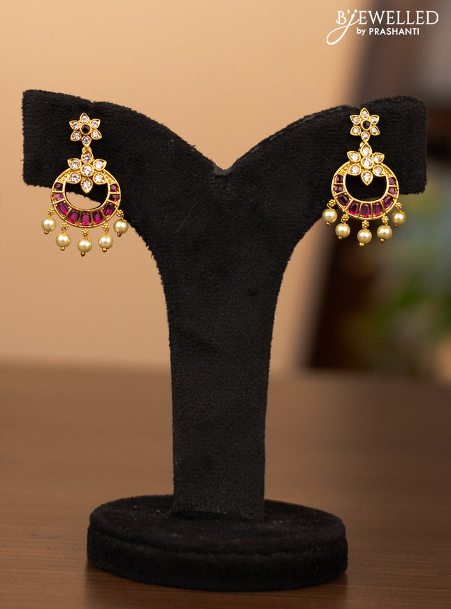 Antique necklace chandbali design with pink kemp & cz stones and pearl hangings