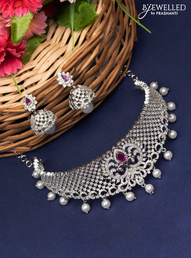 Zircon choker peacock design with ruby & cz stones and pearl hangings