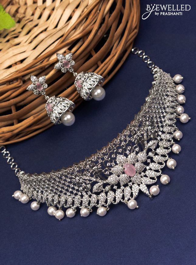 Zircon choker floral design with baby pink & cz stones and pearl hangings