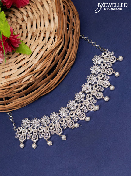 Zircon choker floral design with cz stones and pearl hangings without earring