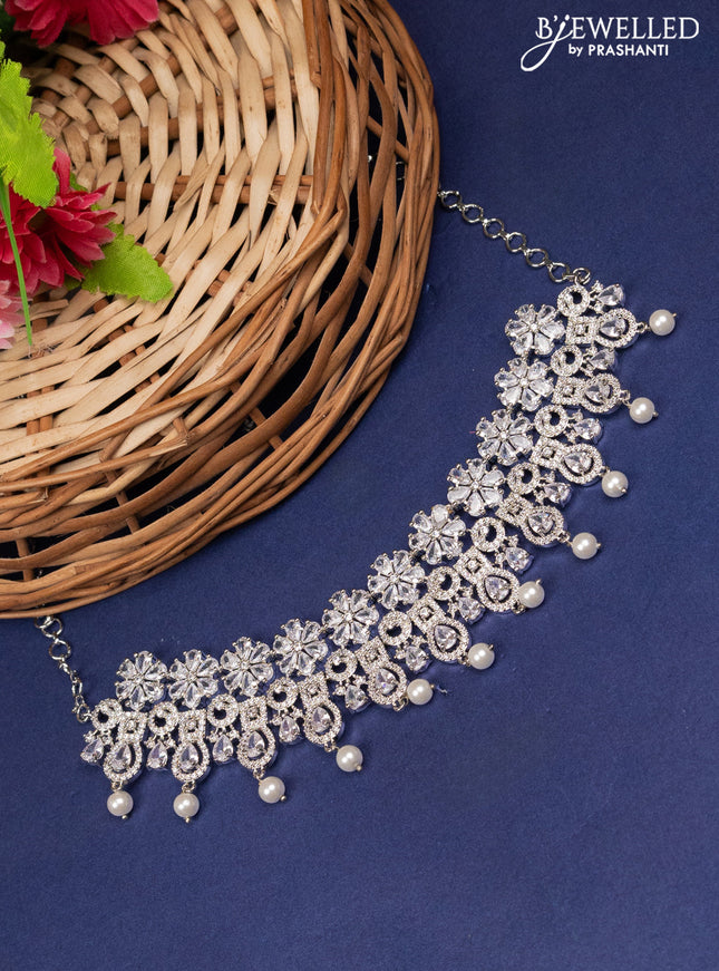 Zircon choker floral design with cz stones and pearl hangings without earring