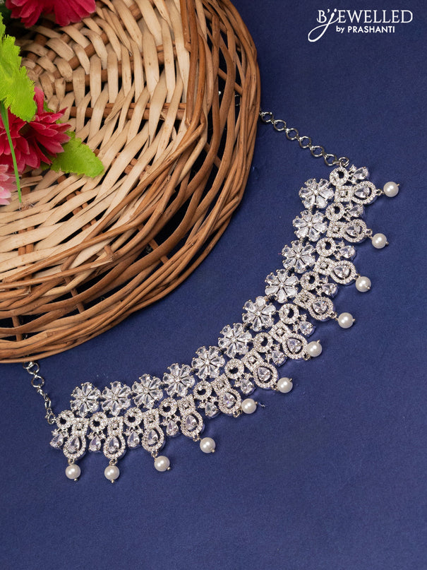 Zircon choker floral design with cz stones and pearl hangings without earring