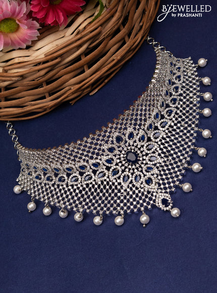 Zircon choker floral design with saphire & cz stones and pearl hangings without earrings