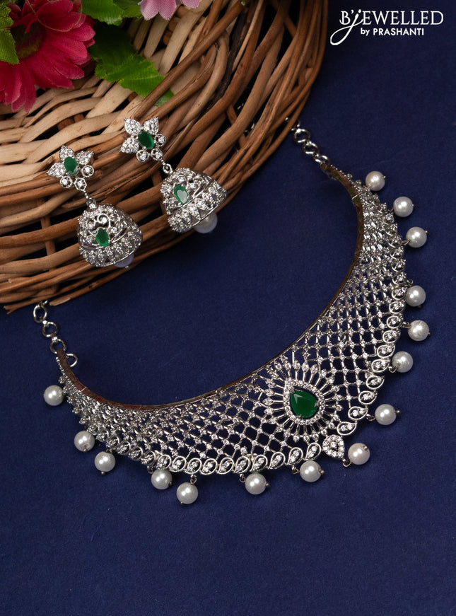 Zircon choker with emerald & cz stones and pearl hangings