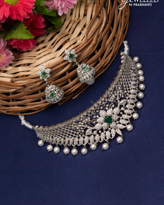 Zircon choker floral design with emerald & cz stones and pearl hangings
