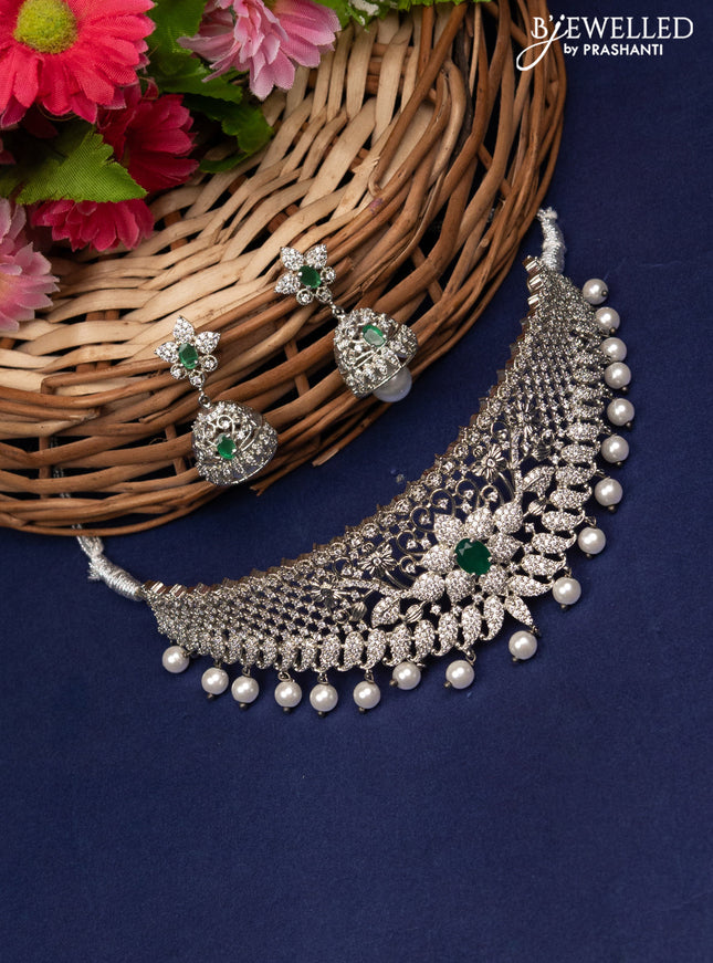 Zircon choker floral design with emerald & cz stones and pearl hangings