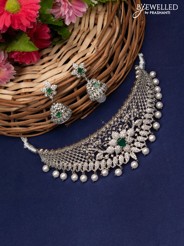 Zircon choker floral design with emerald & cz stones and pearl hangings