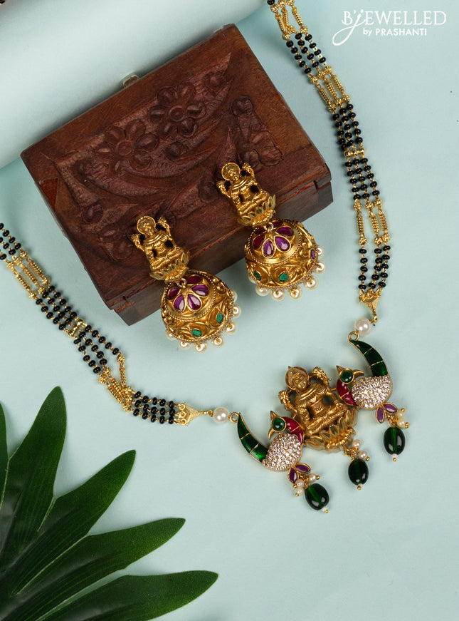 Mangalsutra multilayer lakshmi pendant with kemp & cz stones and pearl hangings