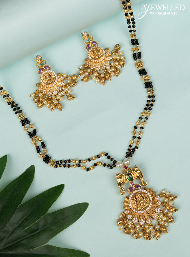 Mangalsutra double layer lakshmi pendant with kemp & cz stones and pearl hangings