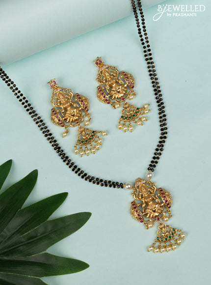 Mangalsutra double layer lakshmi pendant with kemp & cz stones and pearl hangings