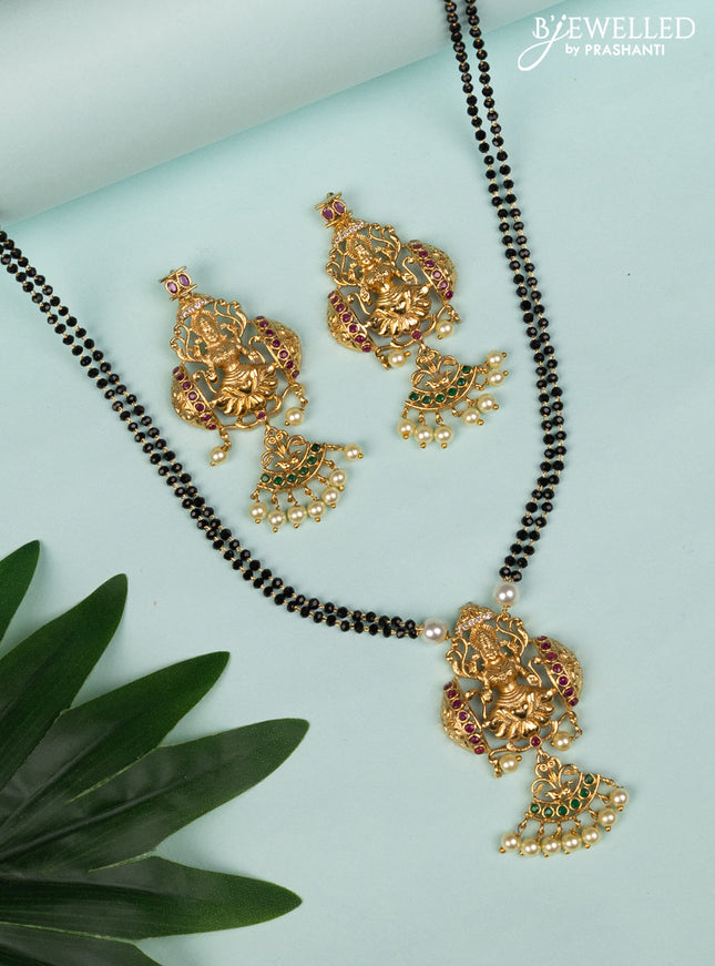 Mangalsutra double layer lakshmi pendant with kemp & cz stones and pearl hangings