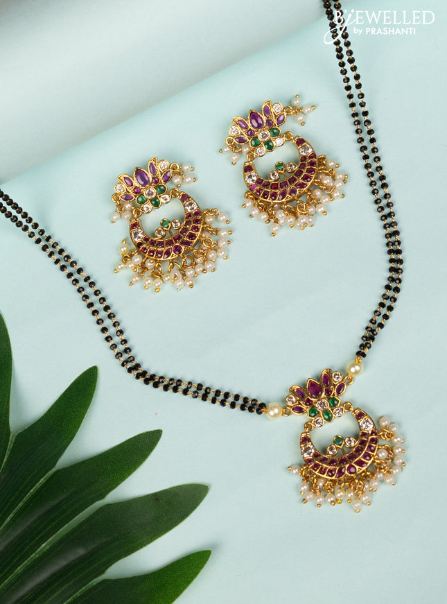 Mangalsutra double layer chandbali pendant with kemp & cz stones and pearl hangings