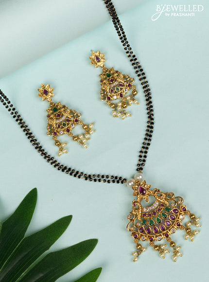 Mangalsutra double layer with kemp & cz stones and pearl hangings