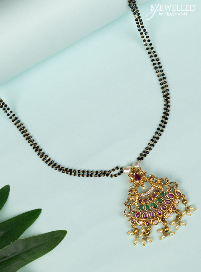 Mangalsutra double layer with kemp & cz stones and pearl hangings without earring