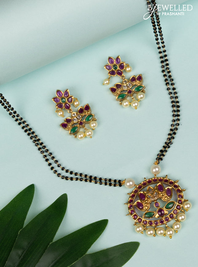Mangalsutra double layer floral pendant with kemp & cz stones and pearl hangings