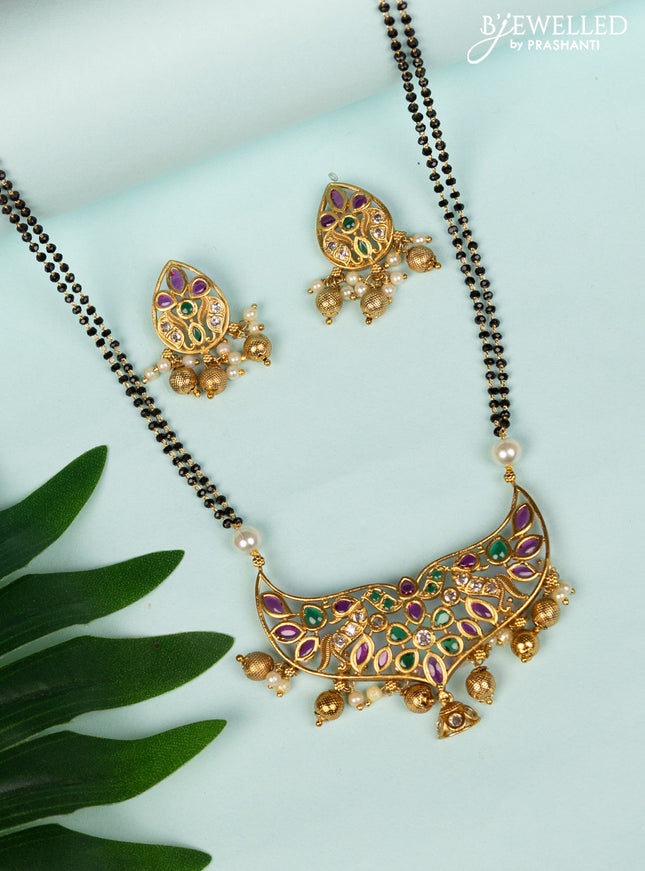 Mangalsutra double layer peacock pendant with kemp & cz stones and gold beads hangings