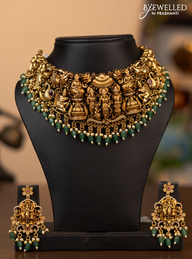 Antique choker ramdarbar design with pink kemp & cz stones and pearl & beads hanging