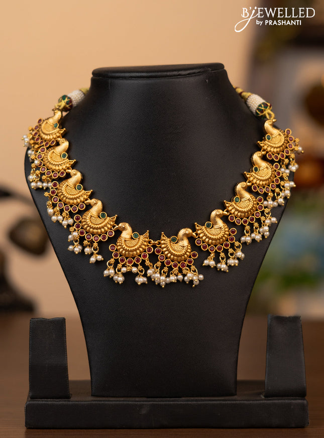 Antique necklace peacock design with kemp stones and pearl hangings without earrings