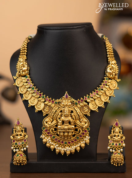 Antique necklace lakshmi kasu design with kemp stones and pearl & golden beads hanging