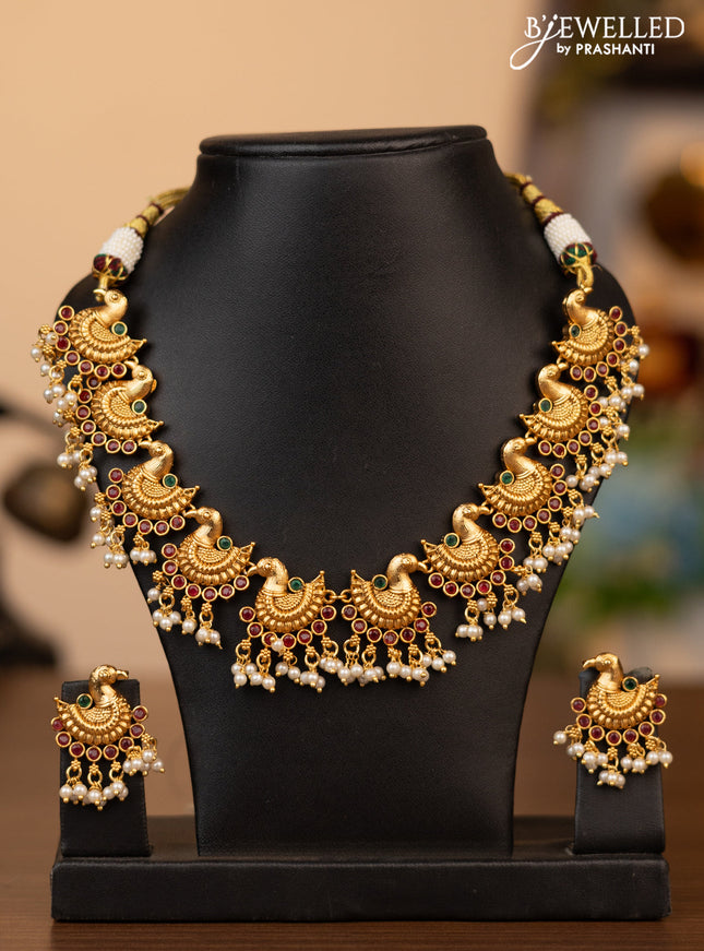 Antique necklace peacock design with kemp stones and pearl hangings