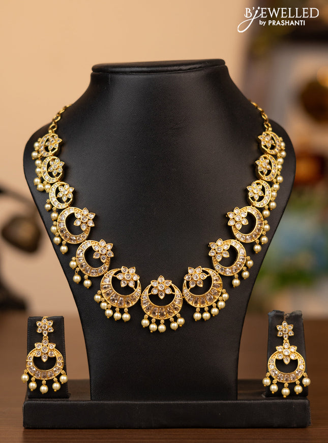 Antique necklace chanbali design with cz stones and pearl hangings