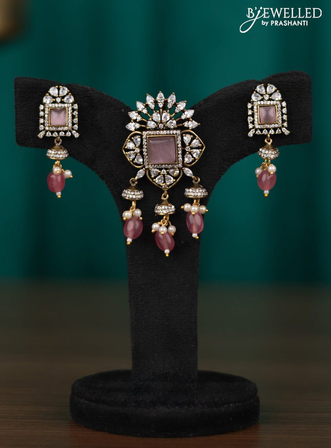 Victorian finish pendant set with baby pink & cz stone and beads hangings