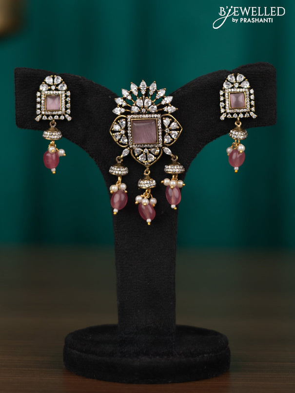 Victorian finish pendant set with baby pink & cz stone and beads hangings