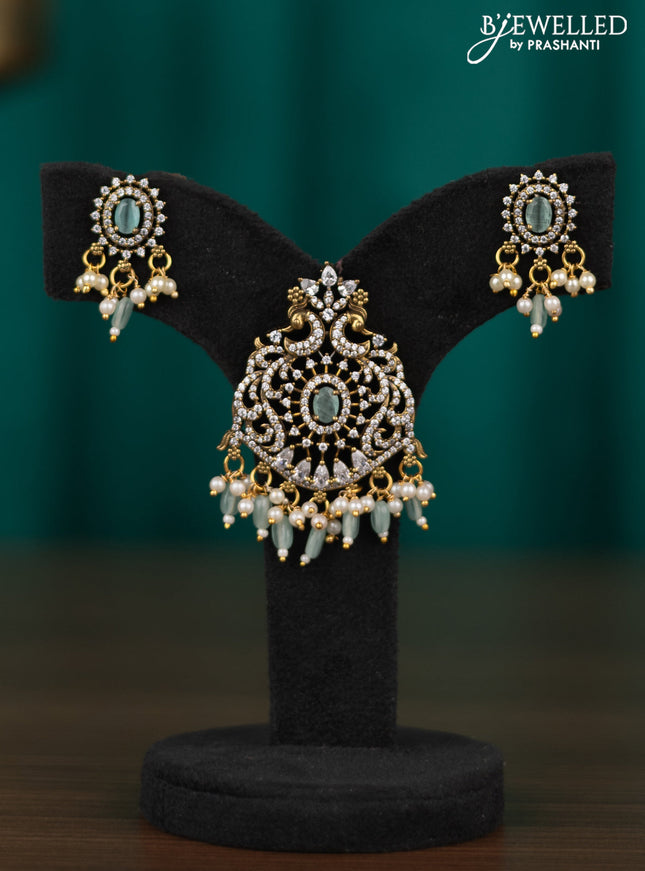 Victorian finish pendant set peacock design with mint green & cz stone and beads hangings