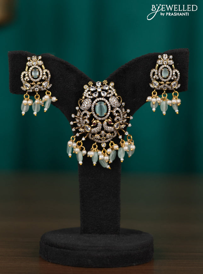 Victorian finish pendant set peacock design with mint green & cz stone and beads hangings