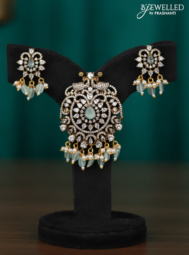 Victorian finish pendant set peacock design with mint green & cz stone and beads hangings