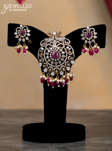 Victorian finish pendant set peacock design with ruby & cz stone and beads hanging