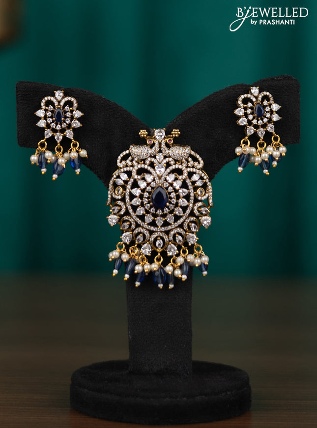 Victorian finish pendant set peacock design with saphire & cz stone and beads hanging