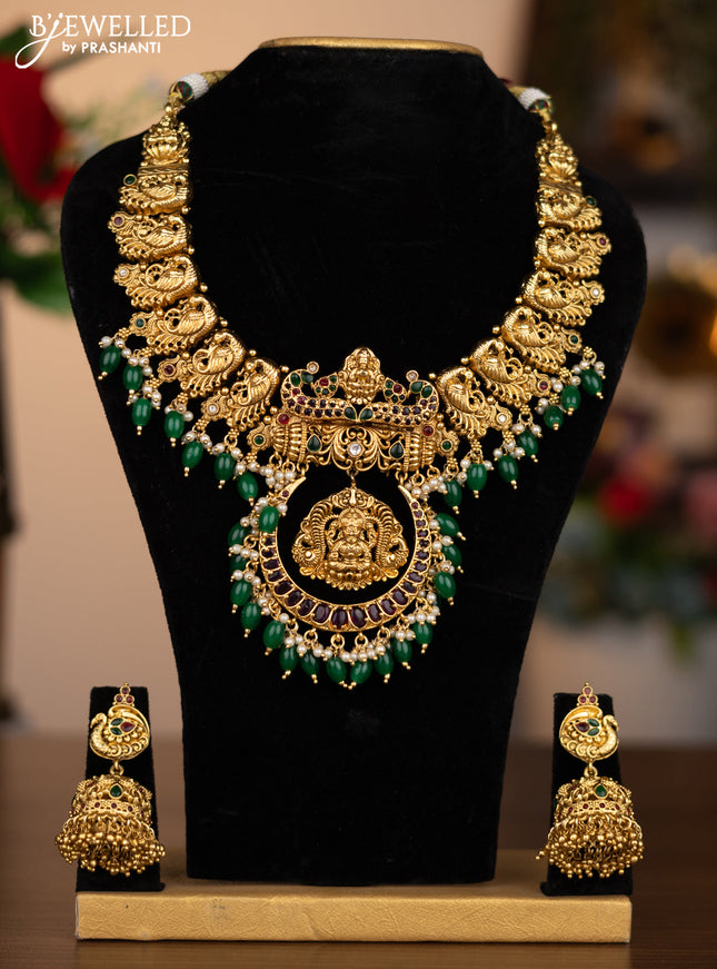 Antique necklace lakshmi design with kemp & kundan stones and pearl & beads hanging