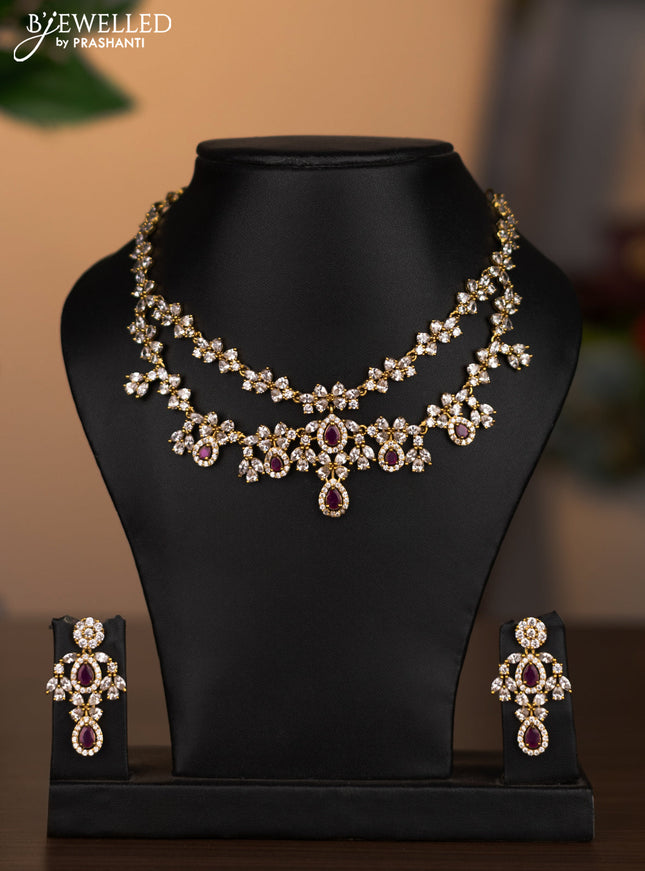 Antique double layer necklace with pink kemp and cz stones