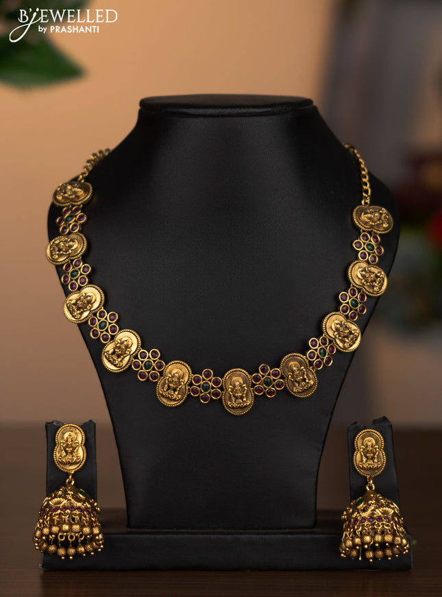 Antique necklace with lakshmi design and kemp stones