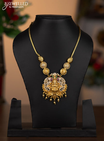 Antique necklace lakshmi pendant with kemp & cz stones and golden beads hanging without earrings