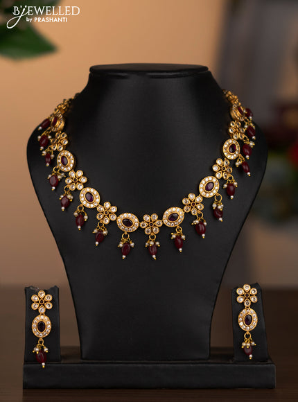 Antique necklace with pink kemp & cz stones and pearl & beads hanging