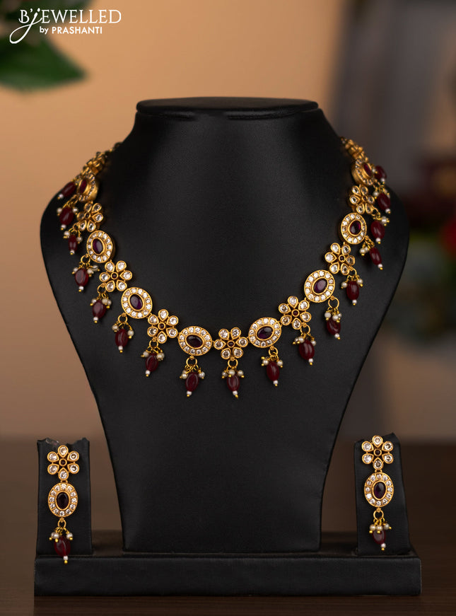 Antique necklace with pink kemp & cz stones and pearl & beads hanging